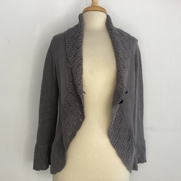 Sigrid Olsen gray cotton knit shawl collar/ open knit peplum and belled cuffs M - Picture 6 of 9